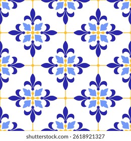 Mediterranean abstract seamless pattern of blue yellow tiles. Ethnic mosaic design of Portuguese, Italian, Spanish motifs. Ornament for home textile or ceramic. Vector illustration