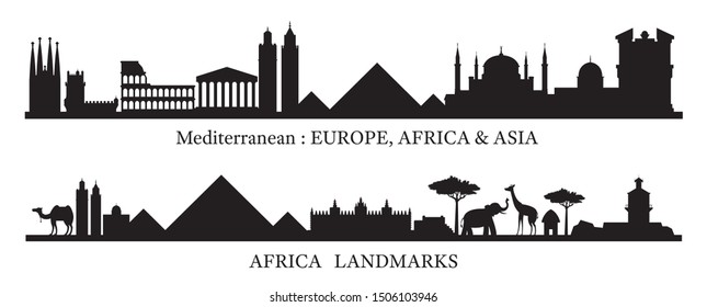 Mediterranean and Africa Skyline Landmarks Silhouette, Famous Place and Historical Buildings, Travel and Tourist Attraction