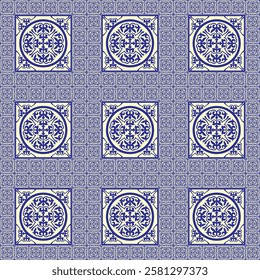 Mediterranean Amalfi Coast pattern. Seamless pattern with azulejo tiles. Portuguese, Sicilian, Spanish tile traditional design. For wrapping paper, wallpaper, fabric, textile. Gaudi mosaic