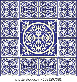 Mediterranean Amalfi Coast pattern. Seamless pattern with azulejo tiles. Portuguese, Sicilian, Spanish tile traditional design. For wrapping paper, wallpaper, fabric, textile. Concept of kitchen style