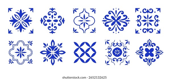 Mediterranean Amalfi Coast patterns, elements. Blue Ceramic tiles set. Portuguese, Sicilian, Spanish tile traditional design. Vector illustration