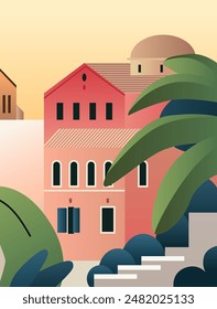 Mediterranean architecture with colorful buildings palm trees and stairs in a serene sunset setting