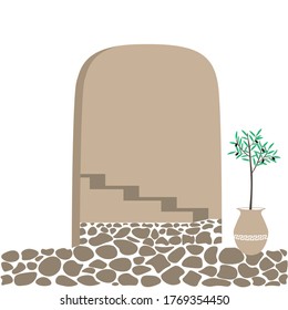 Mediterranean architecture represented by house with white walls, stone floor, stairs and olive tree