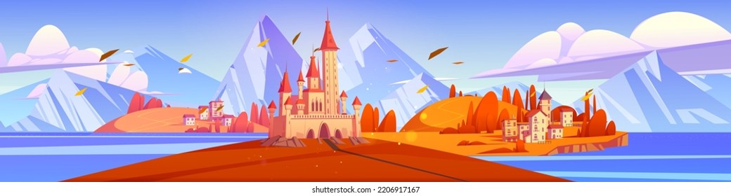 Mediterranean autumn landscape with medieval castle and town buildings at scenery background. Fairy tale kingdom with palace and cottages surrounded with mountains and sea, Cartoon vector illustration