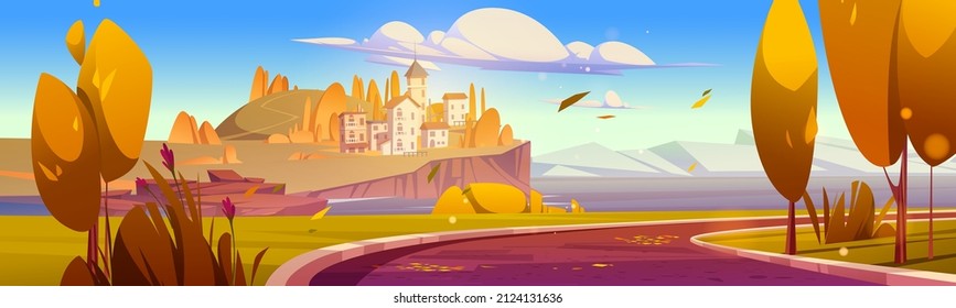 Mediterranean autumn landscape stone houses on cliff at sea, road, mountains and trees with orange yellow foliage under blue sky. Scenery fall panorama, beautiful nature, Cartoon vector illustration