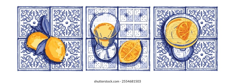 Mediterranean azulejo table ceramic, summer watercolor Italian illustration, vector limoncello glass. Blue mosaic ornament tile, cocktail, Sicily lemon cafe decoration border. Mediterranean azulejo