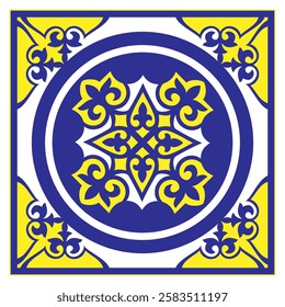 Mediterranean Azulejo tile template with mosaic pattern, blue, white, yellow colors, floral motifs. Original traditional Portuguese, Sicilian, Vintage pattern for ceramic tile, wallpaper, linoleum