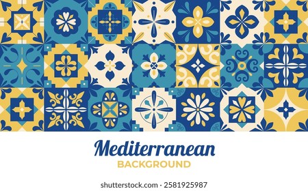 Mediterranean azulejo tiles banner. Ceramic blue and yellow tiles. Abstract geometric floral background, cover, flyer, pattern. Italian, Portuguese, Spanish, Moroccan mosaic. Vector illustration.