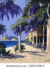 Mediterranean beach Corfu Ancient Roman architecture Renaissance vector illustration Aegean Sea Renaissance villa