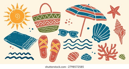 Mediterranean beach textured hand-drawn vector set with striped umbrella, seashells, starfish, sun, sea waves, beach towel, sandals, sunglasses, beach bag and coral