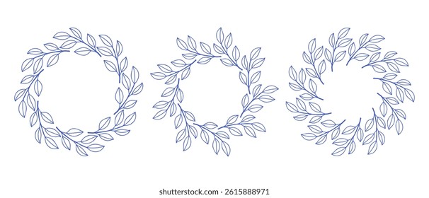 Mediterranean blue branches circle frame set. Hand drawn round line border, leaves and flowers, wedding invitation and cards, logo design and posters template. Elegant minimal style floral set