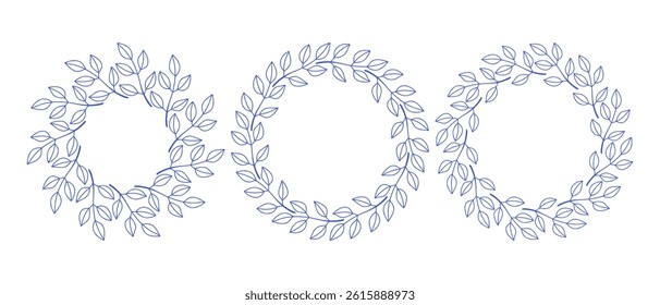 Mediterranean blue branches circle frame set. Hand drawn round line border, leaves and flowers, wedding invitation and cards, logo design and posters template. Elegant minimal style floral set