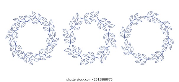 Mediterranean blue branches circle frame set. Hand drawn round line border, leaves and flowers, wedding invitation and cards, logo design and posters template. Elegant minimal style floral set