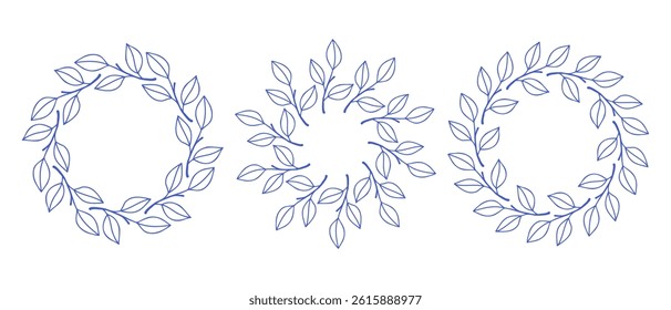 Mediterranean blue branches circle frame set. Hand drawn round line border, leaves and flowers, wedding invitation and cards, logo design and posters template. Elegant minimal style floral set