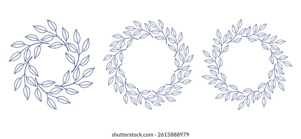 Mediterranean blue branches circle frame set. Hand drawn round line border, leaves and flowers, wedding invitation and cards, logo design and posters template. Elegant minimal style floral set