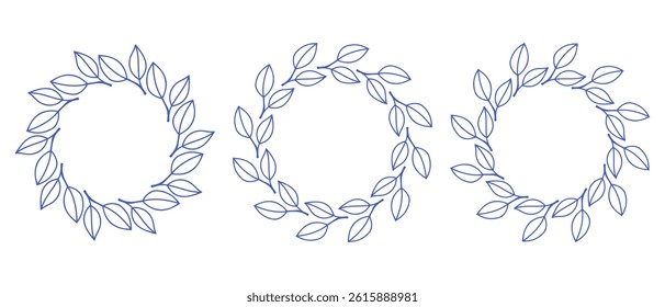 Mediterranean blue branches circle frame set. Hand drawn round line border, leaves and flowers, wedding invitation and cards, logo design and posters template. Elegant minimal style floral set