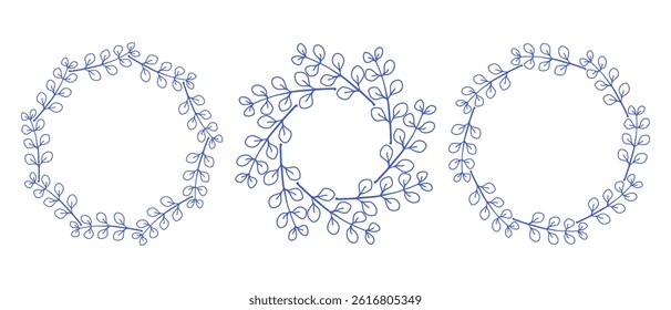 Mediterranean blue branches circle frame set. Hand drawn round line border, leaves and flowers, wedding invitation and cards, logo design and posters template. Elegant minimal style floral set
