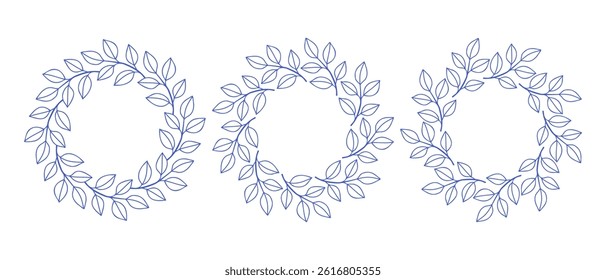 Mediterranean blue branches circle frame set. Hand drawn round line border, leaves and flowers, wedding invitation and cards, logo design and posters template. Elegant minimal style floral set