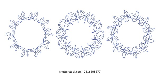 Mediterranean blue branches circle frame set. Hand drawn round line border, leaves and flowers, wedding invitation and cards, logo design and posters template. Elegant minimal style floral set