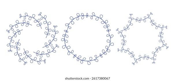 Mediterranean blue branches circle frame set. Hand drawn round line border, leaves and flowers, wedding invitation and cards, logo design and posters template. Elegant minimal style floral set