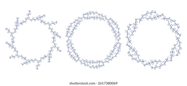 Mediterranean blue branches circle frame set. Hand drawn round line border, leaves and flowers, wedding invitation and cards, logo design and posters template. Elegant minimal style floral set