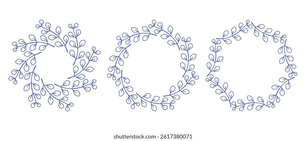 Mediterranean blue branches circle frame set. Hand drawn round line border, leaves and flowers, wedding invitation and cards, logo design and posters template. Elegant minimal style floral set
