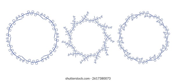 Mediterranean blue branches circle frame set. Hand drawn round line border, leaves and flowers, wedding invitation and cards, logo design and posters template. Elegant minimal style floral set
