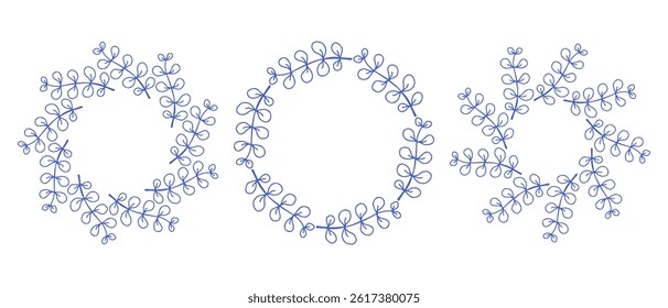 Mediterranean blue branches circle frame set. Hand drawn round line border, leaves and flowers, wedding invitation and cards, logo design and posters template. Elegant minimal style floral set