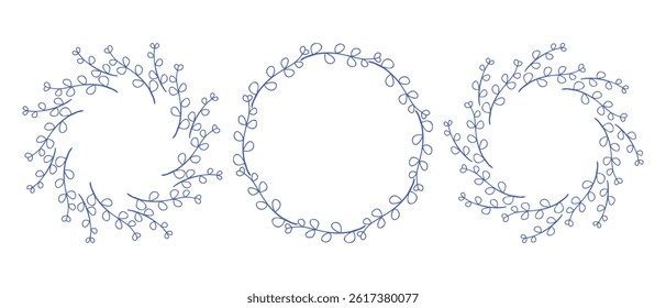 Mediterranean blue branches circle frame set. Hand drawn round line border, leaves and flowers, wedding invitation and cards, logo design and posters template. Elegant minimal style floral set