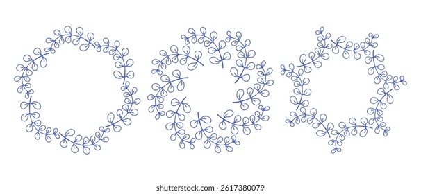 Mediterranean blue branches circle frame set. Hand drawn round line border, leaves and flowers, wedding invitation and cards, logo design and posters template. Elegant minimal style floral set
