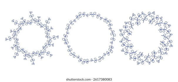 Mediterranean blue branches circle frame set. Hand drawn round line border, leaves and flowers, wedding invitation and cards, logo design and posters template. Elegant minimal style floral set
