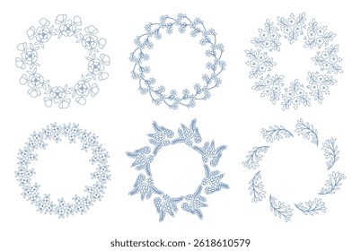 Mediterranean blue branches circle frame set. Hand drawn round line border, leaves and flowers, wedding invitation and cards, logo design and posters template. Elegant minimal style floral set. Vector