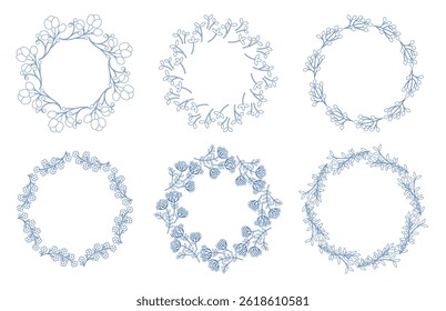 Mediterranean blue branches circle frame set. Hand drawn round line border, leaves and flowers, wedding invitation and cards, logo design and posters template. Elegant minimal style floral set. Vector