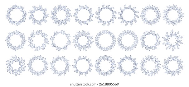 Mediterranean blue branches circle frame big set. Hand drawn round line border, leaves and flowers, wedding invitation and cards, logo design and posters template. Elegant minimal style floral set