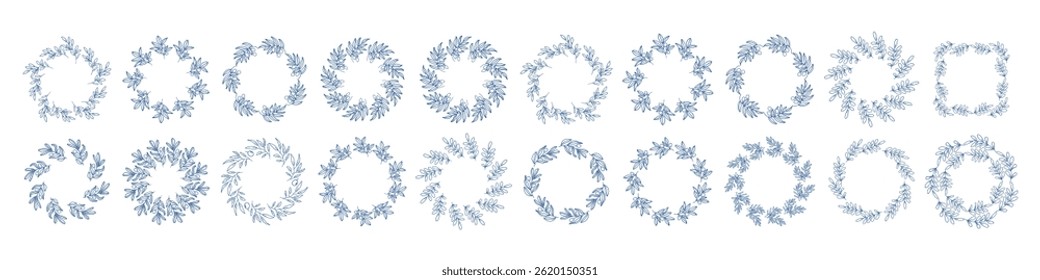 Mediterranean blue branches circle frame big set. Minimal hand drawn design with leaves . Ideal for wedding invitations, cards, logos, and posters.