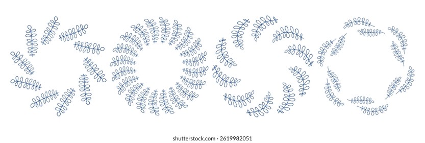 Mediterranean blue branches circular frame set. Minimal hand drawn design with leaves . Ideal for wedding invitations, cards, logos, and posters.