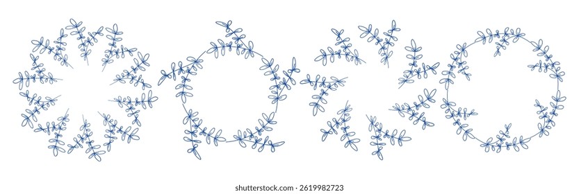Mediterranean blue branches circular frame set. Minimal hand drawn design with leaves . Ideal for wedding invitations, cards, logos, and posters.