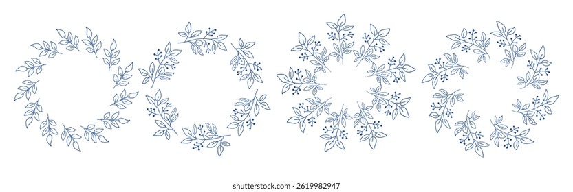 Mediterranean blue branches circular frame set. Minimal hand drawn design with leaves . Ideal for wedding invitations, cards, logos, and posters.