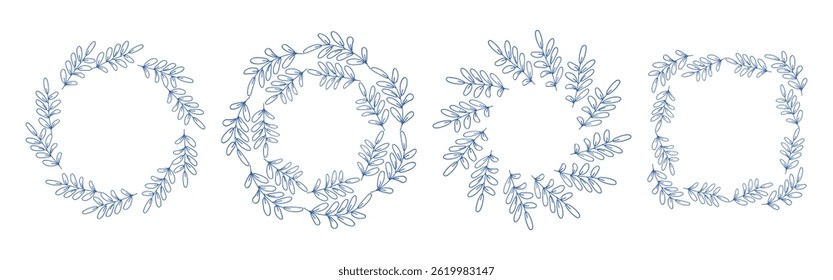Mediterranean blue branches circular frame set. Minimal hand drawn design with leaves . Ideal for wedding invitations, cards, logos, and posters.