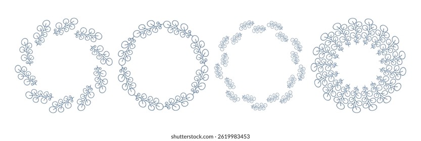 Mediterranean blue branches circular frame set. Minimal hand drawn design with leaves . Ideal for wedding invitations, cards, logos, and posters.