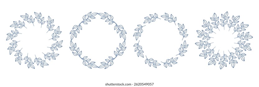 Mediterranean blue branches circular frame set. Minimal hand drawn design with leaves. Ideal for wedding invitations, cards, logos, and posters.	