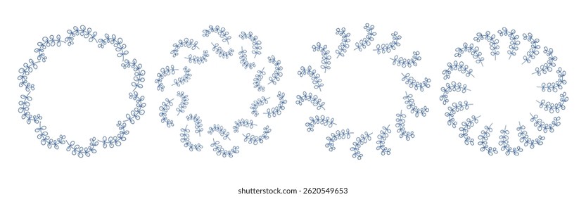 Mediterranean blue branches circular frame set. Minimal hand drawn design with leaves. Ideal for wedding invitations, cards, logos, and posters.	