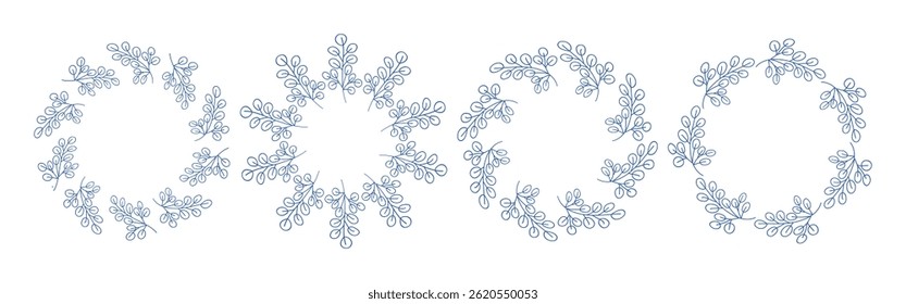 Mediterranean blue branches circular frame set. Minimal hand drawn design with leaves. Ideal for wedding invitations, cards, logos, and posters.	