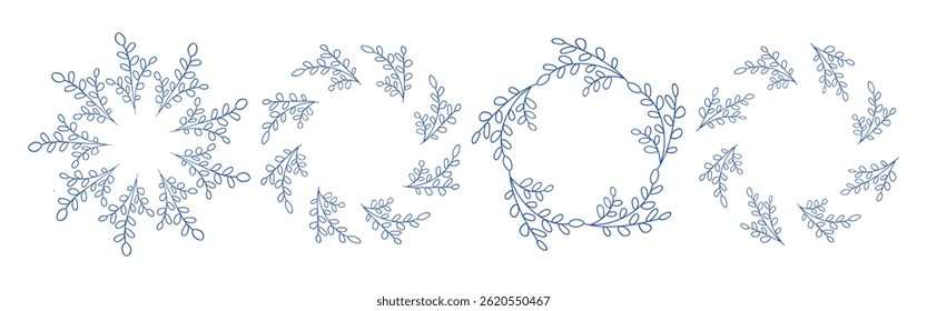 Mediterranean blue branches circular frame set. Minimal hand drawn design with leaves. Ideal for wedding invitations, cards, logos, and posters.	