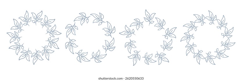 Mediterranean blue branches circular frame set. Minimal hand drawn design with leaves. Ideal for wedding invitations, cards, logos, and posters.