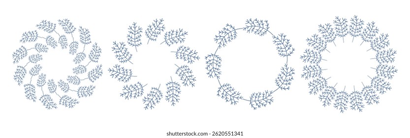 Mediterranean blue branches circular frame set. Minimal hand drawn design with leaves. Ideal for wedding invitations, cards, logos, and posters.