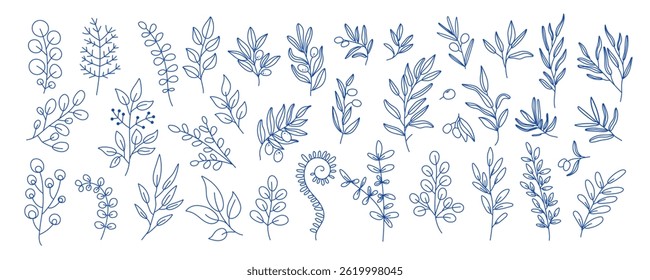 Mediterranean blue branches set. A collection of hand drawn botanical elements featuring branches. Perfect for natural themed designs, invitations, packaging and branding.