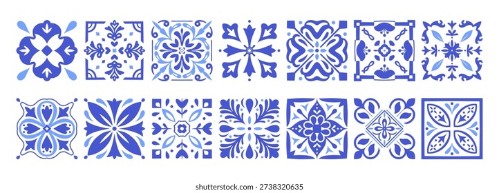 Mediterranean Blue Ceramic Tile Patterns: Portugal Azulejo, Italian Amalfi, and Greek Mosaic Vector Backgrounds