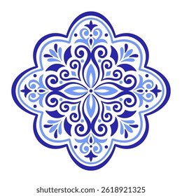 Mediterranean blue floral motif on white background. Ethnic mosaic design for ceramic tile. Traditional Portuguese, Moroccan, Spanish ornament. Vector illustration