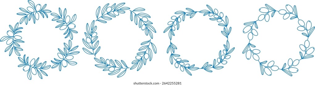 Mediterranean blue olive branch circle frame set in line art style. Hand-drawn botanical line round wreath, chaplet, leaves ornament. Vector simple vignetting for wedding, botanical, poster designs
